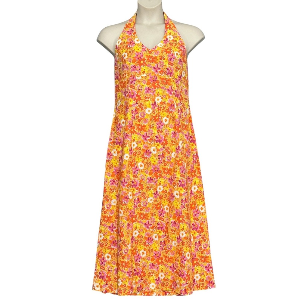 VTG Victoria Holley Womens Dress 12 Orange Yellow Floral Halter Beachy Resort